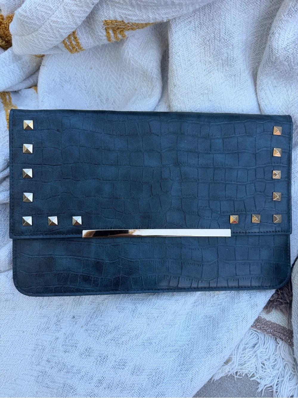 Urban Expressions Black Croc-Embossed Clutch with Gold Logo
